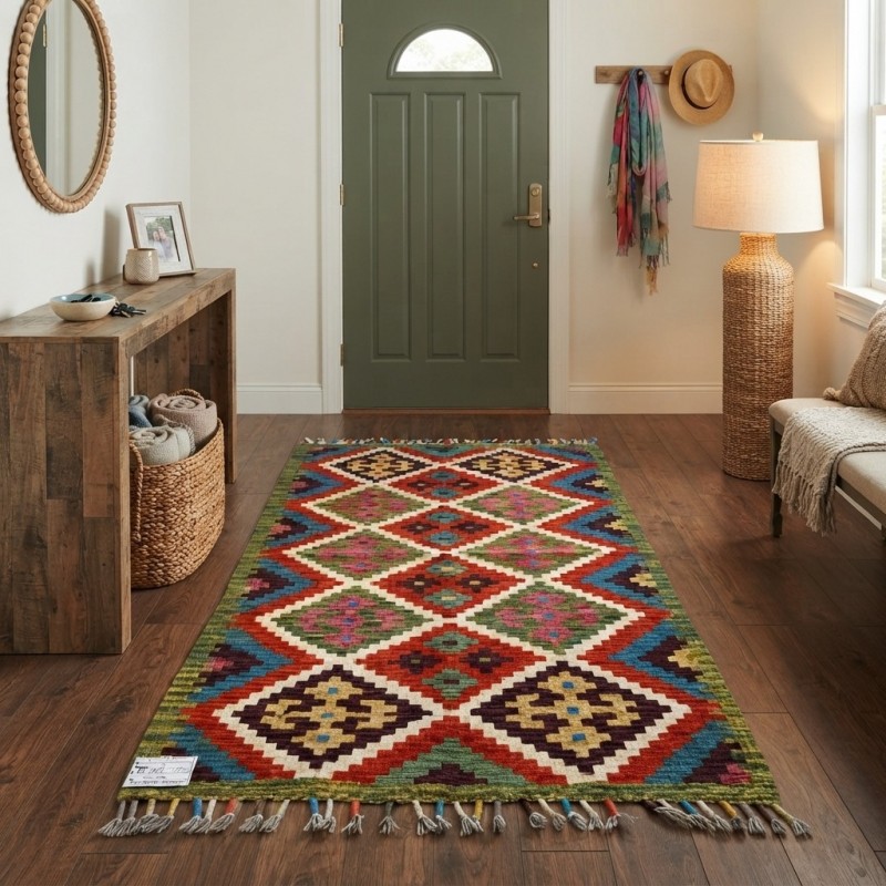 Kök Boya El Dokuma Kilim %100 Yün  Dünyada Tek / Geometrik Baklava Desenli (135 x 77 cm)