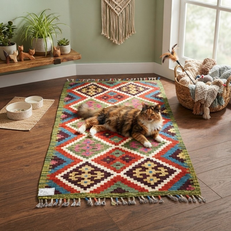 Kök Boya El Dokuma Kilim %100 Yün  Dünyada Tek / Geometrik Baklava Desenli (135 x 77 cm)