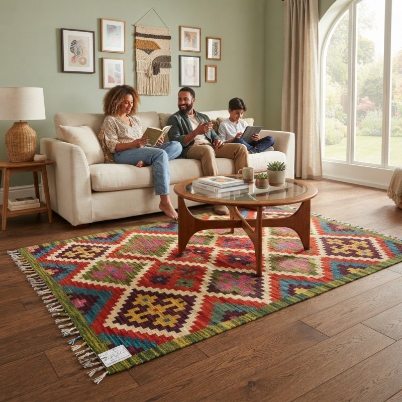 Kök Boya El Dokuma Kilim %100 Yün  Dünyada Tek / Geometrik Baklava Desenli (135 x 77 cm)