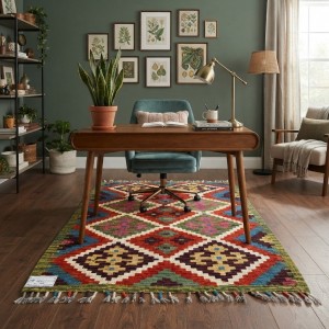 Kök Boya El Dokuma Kilim %100 Yün  Dünyada Tek / Geometrik Baklava Desenli (135 x 77 cm)