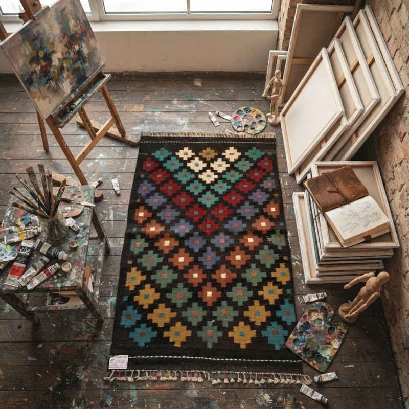 Samimi Sohbetlerin Sıcak Dokusu: Kök Boya %100 Yün El Dokuma Otantik Kilim (120 x 81 cm)
