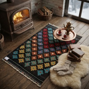 Samimi Sohbetlerin Sıcak Dokusu: Kök Boya %100 Yün El Dokuma Otantik Kilim (120 x 81 cm)