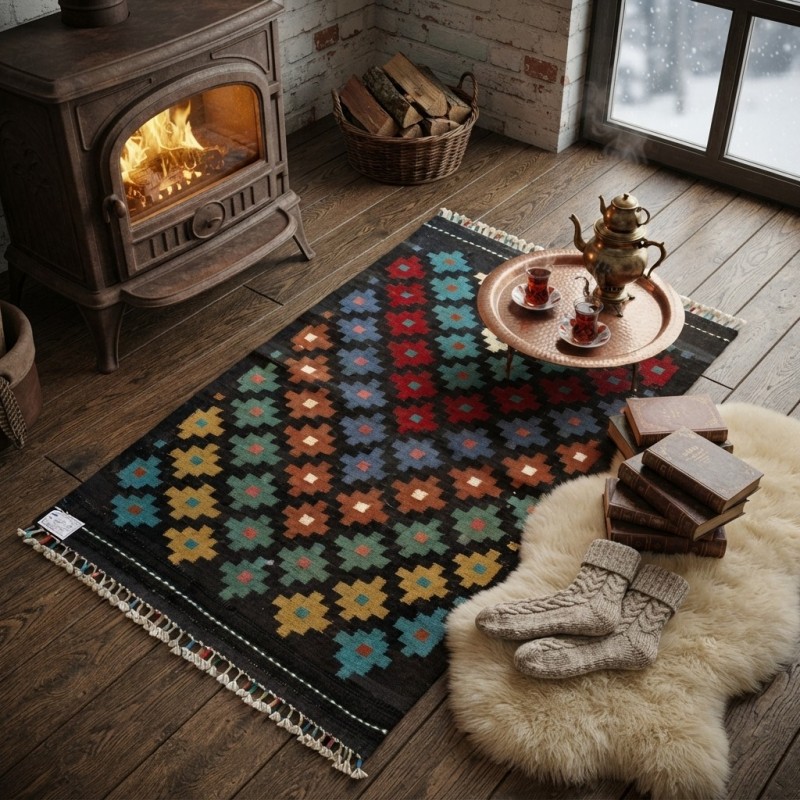 Samimi Sohbetlerin Sıcak Dokusu: Kök Boya %100 Yün El Dokuma Otantik Kilim (120 x 81 cm)
