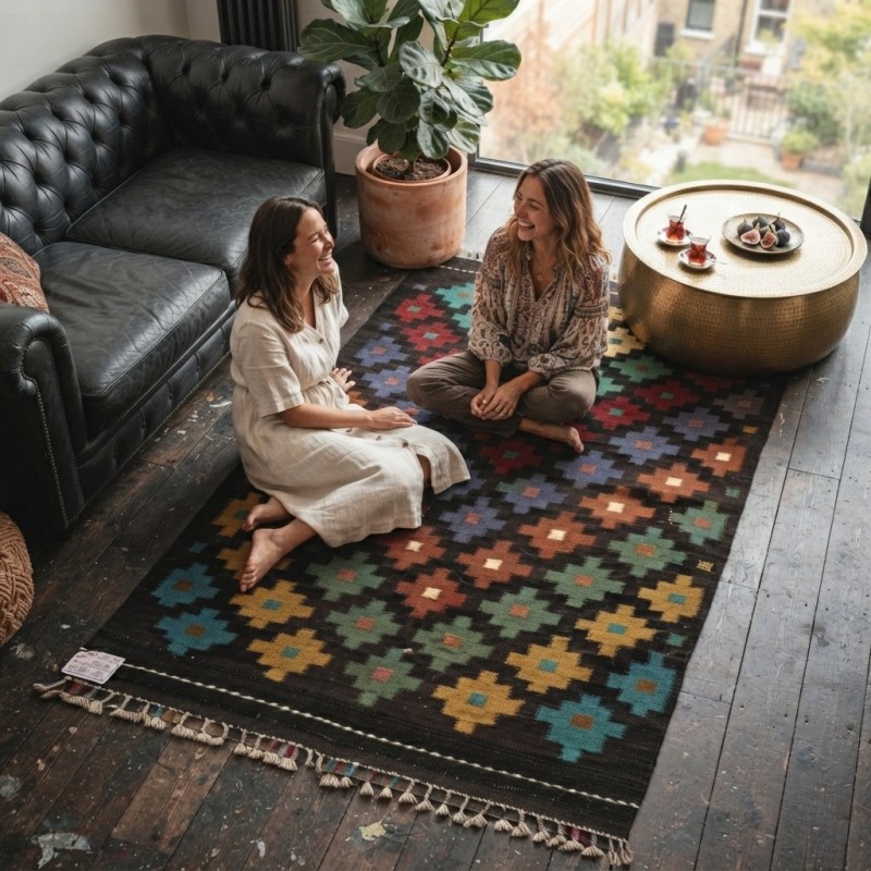 Samimi Sohbetlerin Sıcak Dokusu: Kök Boya %100 Yün El Dokuma Otantik Kilim (120 x 81 cm)