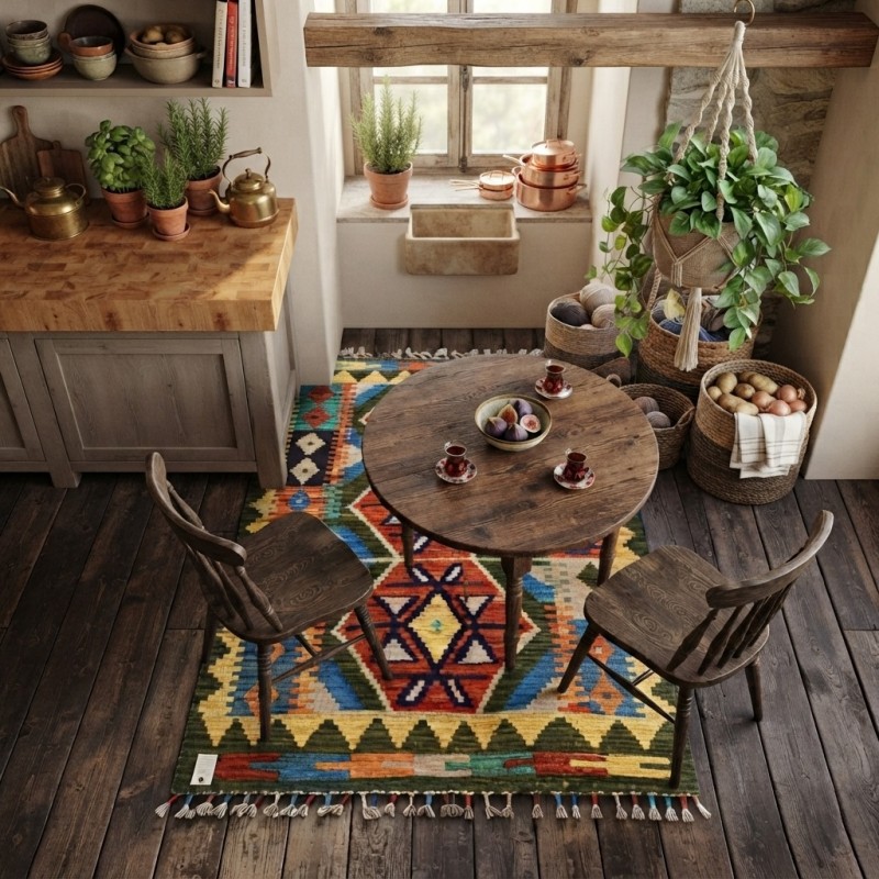 Huzur ve Doğallığın Simgesi: Kök Boya %100 Yün El Dokuma Otantik Kilim (126 x 83 cm)