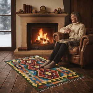 Huzur ve Doğallığın Simgesi: Kök Boya %100 Yün El Dokuma Otantik Kilim (126 x 83 cm)