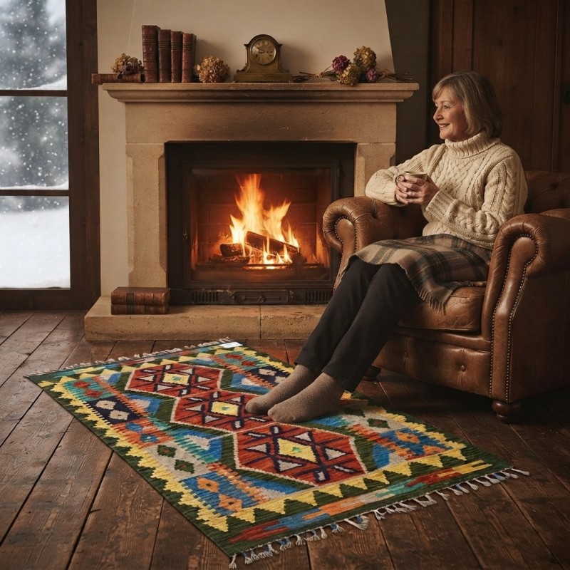 Huzur ve Doğallığın Simgesi: Kök Boya %100 Yün El Dokuma Otantik Kilim (126 x 83 cm)