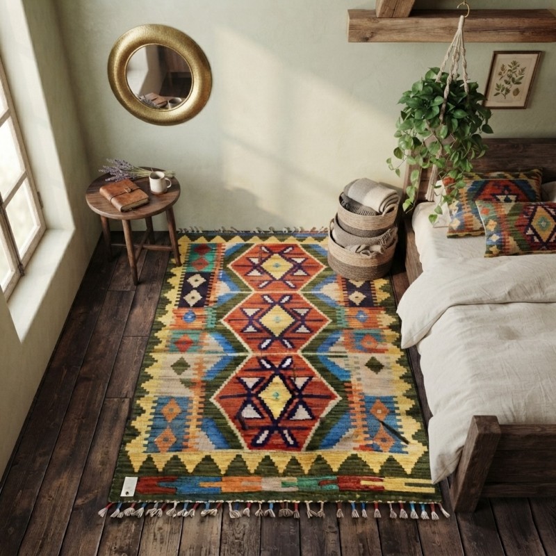 Huzur ve Doğallığın Simgesi: Kök Boya %100 Yün El Dokuma Otantik Kilim (126 x 83 cm)