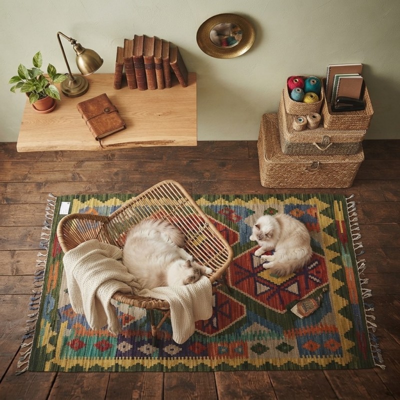 Huzur ve Doğallığın Simgesi: Kök Boya %100 Yün El Dokuma Otantik Kilim (126 x 83 cm)