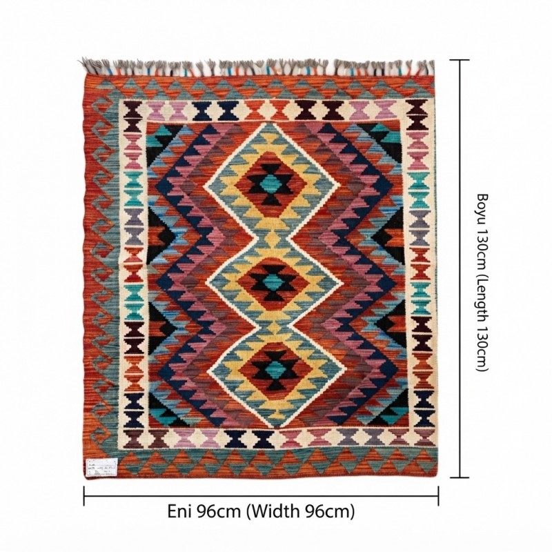 Akdeniz Esintili Otantik Lüks: Kök Boya %100 Yün El Dokuma Kilim (130 x 96 cm)