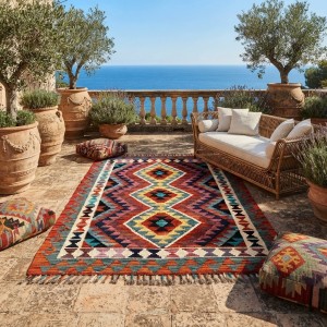 Akdeniz Esintili Otantik Lüks: Kök Boya %100 Yün El Dokuma Kilim (130 x 96 cm)