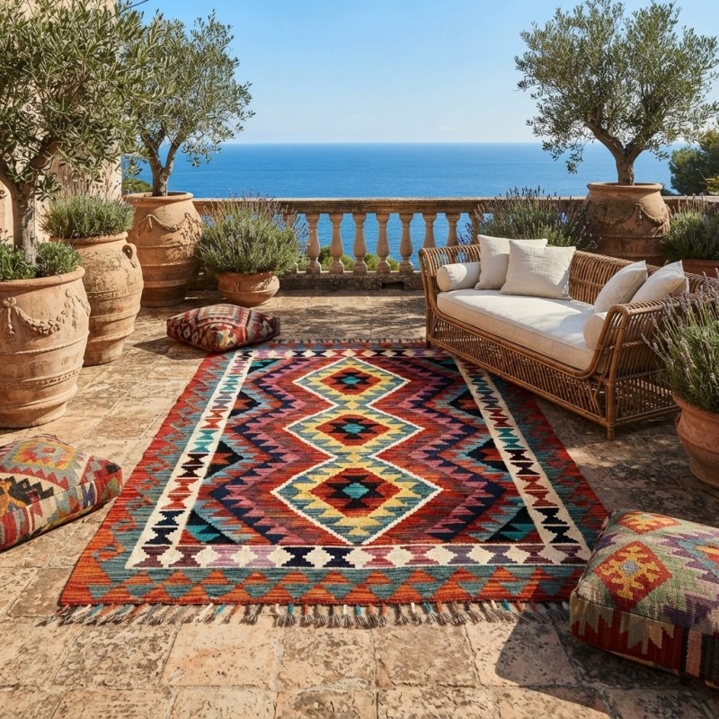 Akdeniz Esintili Otantik Lüks: Kök Boya %100 Yün El Dokuma Kilim (130 x 96 cm)