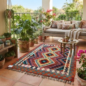Akdeniz Esintili Otantik Lüks: Kök Boya %100 Yün El Dokuma Kilim (130 x 96 cm)