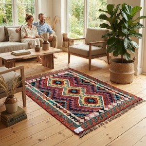 Akdeniz Esintili Otantik Lüks: Kök Boya %100 Yün El Dokuma Kilim (130 x 96 cm)