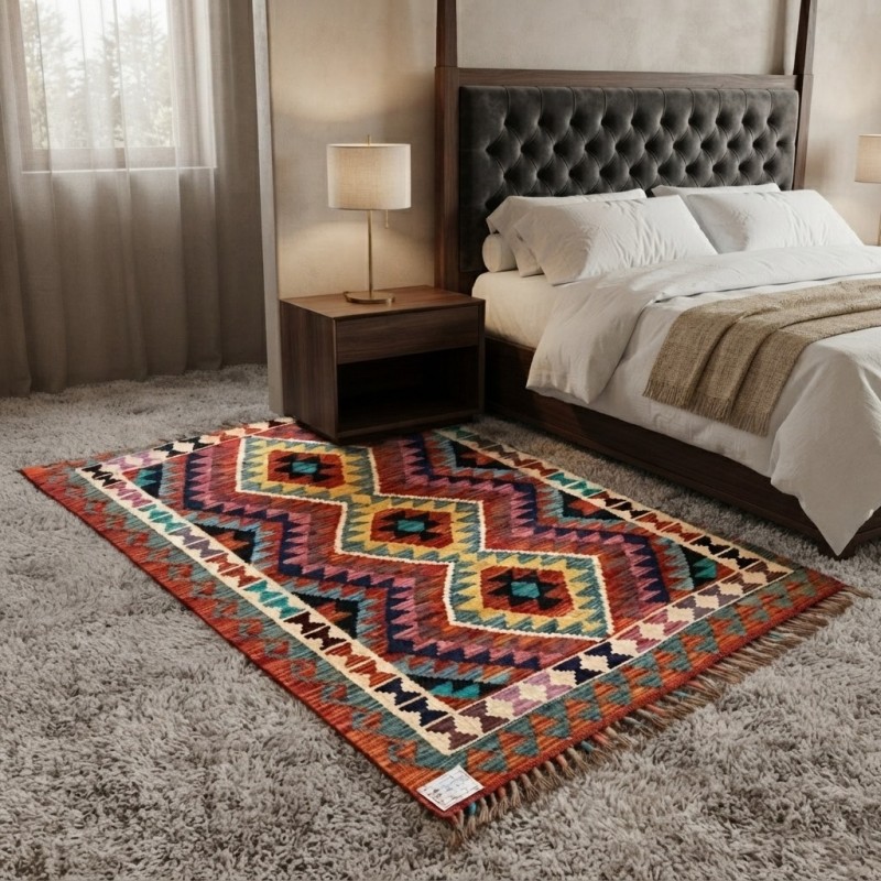 Akdeniz Esintili Otantik Lüks: Kök Boya %100 Yün El Dokuma Kilim (130 x 96 cm)