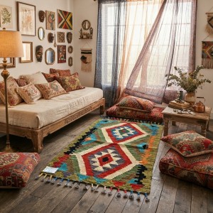 Ege Esintili Otantik Zarafet: Kök Boya %100 Yün El Dokuma Kilim (91 x 60 cm)