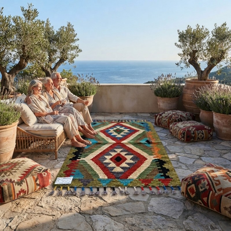 Ege Esintili Otantik Zarafet: Kök Boya %100 Yün El Dokuma Kilim (91 x 60 cm)