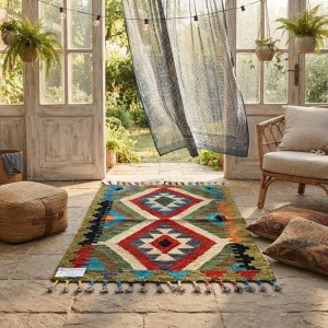 Ege Esintili Otantik Zarafet: Kök Boya %100 Yün El Dokuma Kilim (91 x 60 cm)