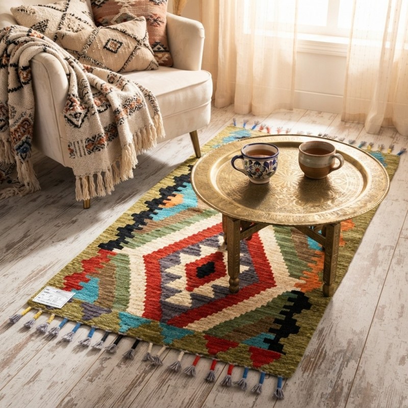 Ege Esintili Otantik Zarafet: Kök Boya %100 Yün El Dokuma Kilim (91 x 60 cm)