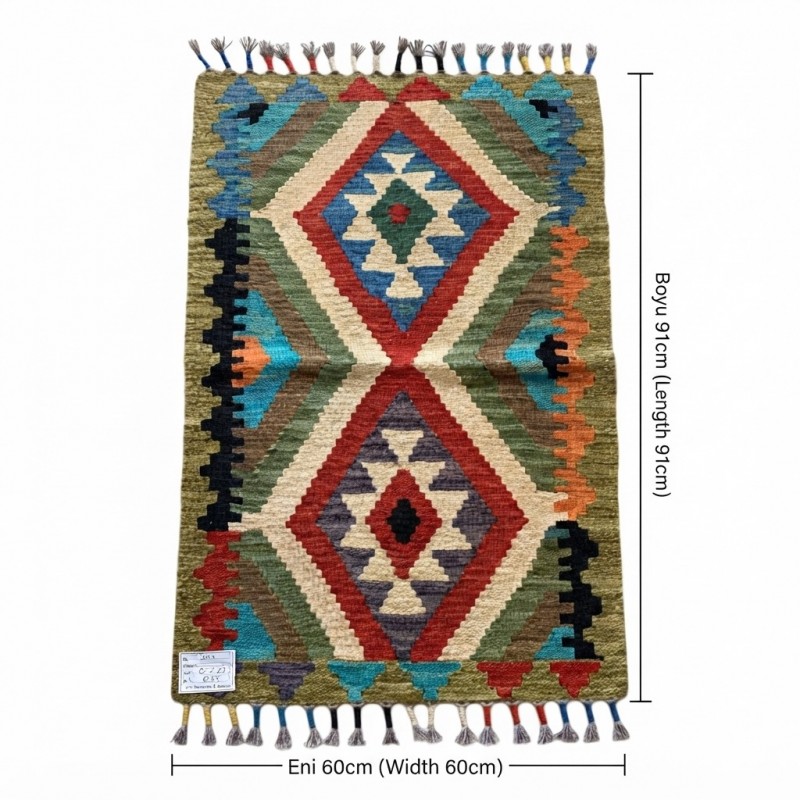 Ege Esintili Otantik Zarafet: Kök Boya %100 Yün El Dokuma Kilim (91 x 60 cm)