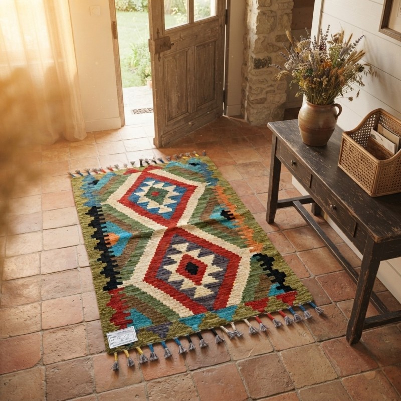 Ege Esintili Otantik Zarafet: Kök Boya %100 Yün El Dokuma Kilim (91 x 60 cm)