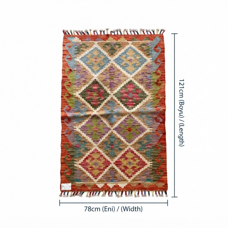 Kişiye Özel Koleksiyon Parçası: Kök Boya %100 Yün El Dokuma Otantik Kilim (121 x 78 cm)