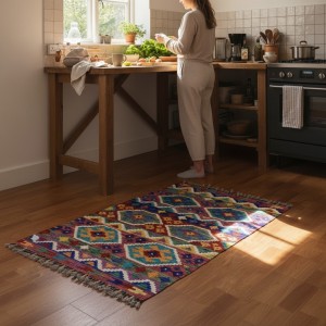 Ruhsal Denge ve Pozitif Enerji: Kök Boya %100 Yün El Dokuma Otantik Kilim (129 x 83 cm)