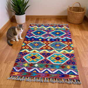 Ruhsal Denge ve Pozitif Enerji: Kök Boya %100 Yün El Dokuma Otantik Kilim (129 x 83 cm)