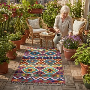 Ruhsal Denge ve Pozitif Enerji: Kök Boya %100 Yün El Dokuma Otantik Kilim (129 x 83 cm)