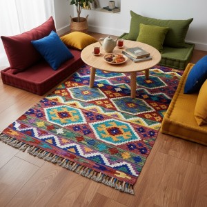 Ruhsal Denge ve Pozitif Enerji: Kök Boya %100 Yün El Dokuma Otantik Kilim (129 x 83 cm)