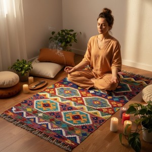 Ruhsal Denge ve Pozitif Enerji: Kök Boya %100 Yün El Dokuma Otantik Kilim (129 x 83 cm)
