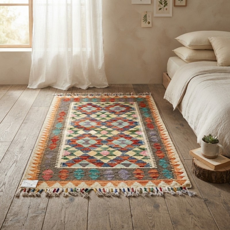 Güne Huzurla Başlatan Doğal Dokunuş: Kök Boya %100 Yün El Dokuma Otantik Kilim (109 x 82 cm)