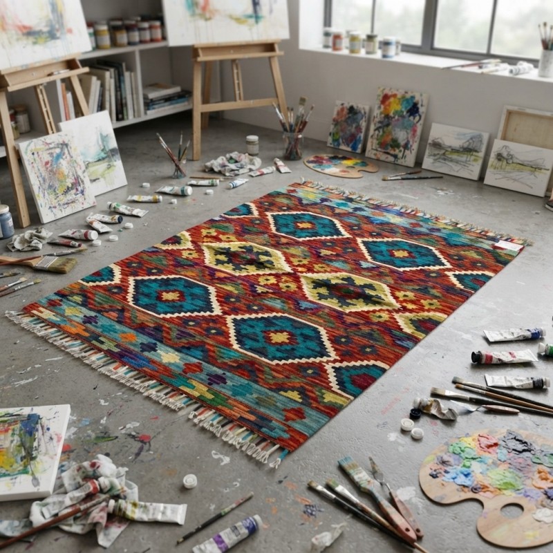 Mekana Neşe Katan Canlı Harmoniler: Kök Boya %100 Yün El Dokuma Otantik Kilim (127 x 90 cm)
