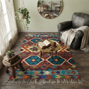 Mekana Neşe Katan Canlı Harmoniler: Kök Boya %100 Yün El Dokuma Otantik Kilim (127 x 90 cm)