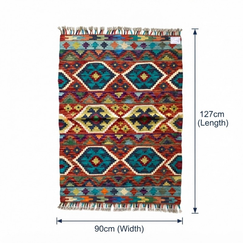Mekana Neşe Katan Canlı Harmoniler: Kök Boya %100 Yün El Dokuma Otantik Kilim (127 x 90 cm)