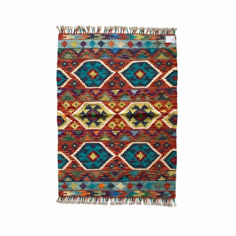 Mekana Neşe Katan Canlı Harmoniler: Kök Boya %100 Yün El Dokuma Otantik Kilim (127 x 90 cm)