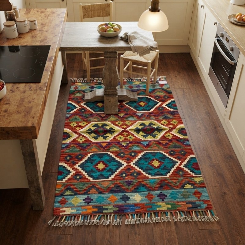 Mekana Neşe Katan Canlı Harmoniler: Kök Boya %100 Yün El Dokuma Otantik Kilim (127 x 90 cm)