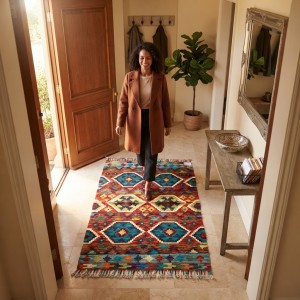 Mekana Neşe Katan Canlı Harmoniler: Kök Boya %100 Yün El Dokuma Otantik Kilim (127 x 90 cm)