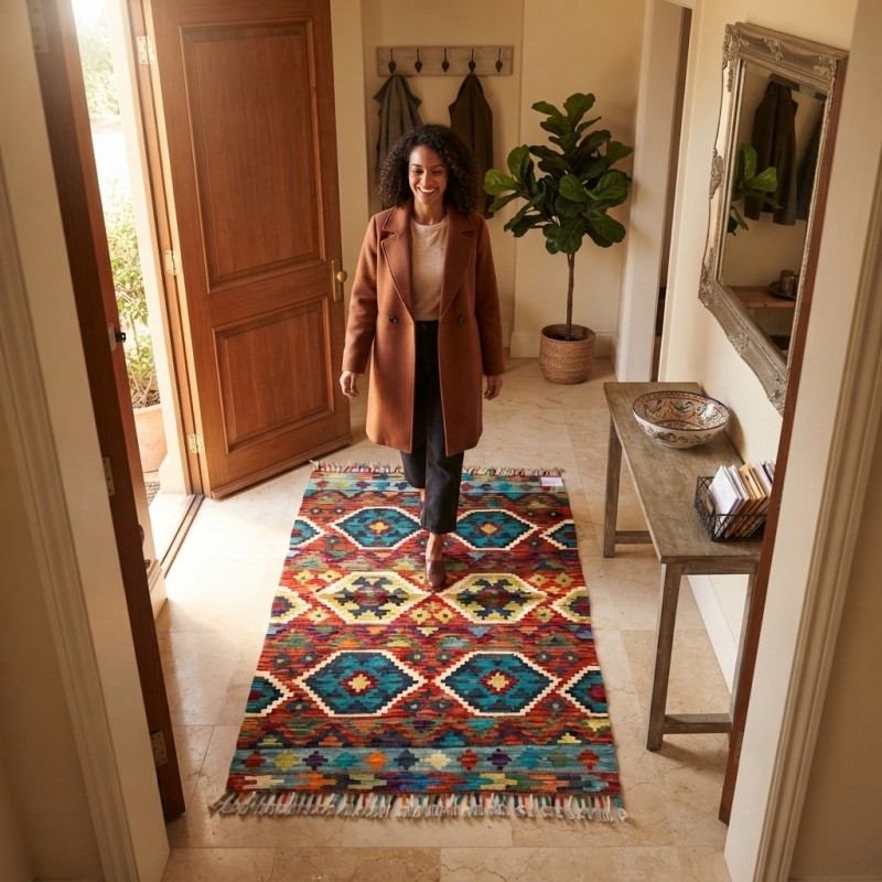 Mekana Neşe Katan Canlı Harmoniler: Kök Boya %100 Yün El Dokuma Otantik Kilim (127 x 90 cm)