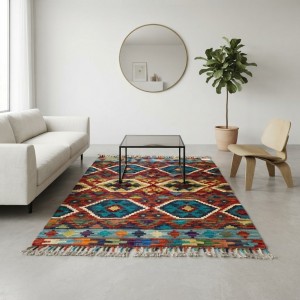 Mekana Neşe Katan Canlı Harmoniler: Kök Boya %100 Yün El Dokuma Otantik Kilim (127 x 90 cm)