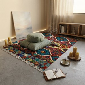 Mekana Neşe Katan Canlı Harmoniler: Kök Boya %100 Yün El Dokuma Otantik Kilim (127 x 90 cm)
