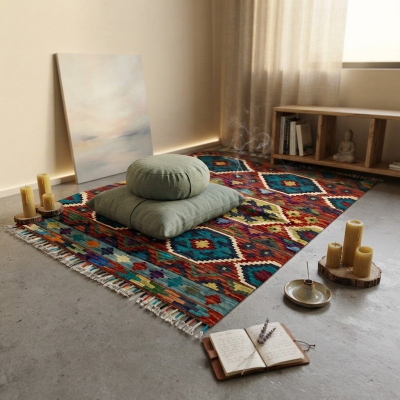 Mekana Neşe Katan Canlı Harmoniler: Kök Boya %100 Yün El Dokuma Otantik Kilim (127 x 90 cm)