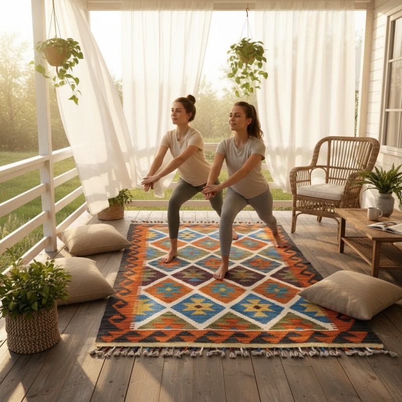Aileniz İçin Doğal ve Neşeli Dokunuş: Kök Boya %100 Yün El Dokuma Kilim (128 x 83 cm)