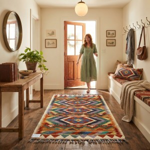 Evinize Sıcak Bir Karşılama: Kök Boya %100 Yün El Dokuma Otantik Kilim (113 x 83 cm)