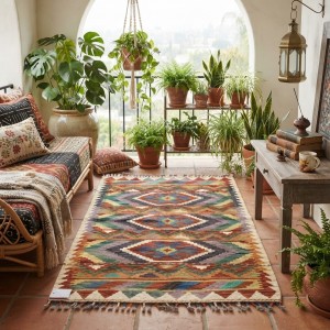 Evinize Sıcak Bir Karşılama: Kök Boya %100 Yün El Dokuma Otantik Kilim (113 x 83 cm)