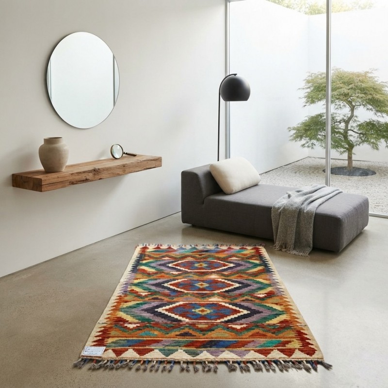 Evinize Sıcak Bir Karşılama: Kök Boya %100 Yün El Dokuma Otantik Kilim (113 x 83 cm)