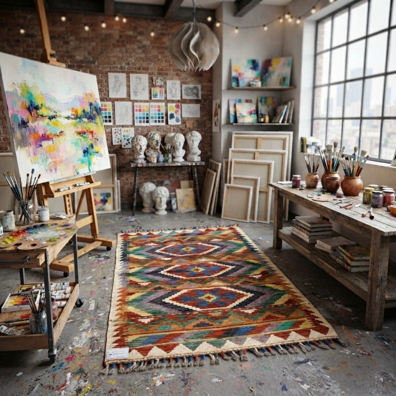 Evinize Sıcak Bir Karşılama: Kök Boya %100 Yün El Dokuma Otantik Kilim (113 x 83 cm)