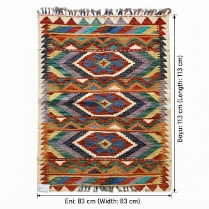 Evinize Sıcak Bir Karşılama: Kök Boya %100 Yün El Dokuma Otantik Kilim (113 x 83 cm)