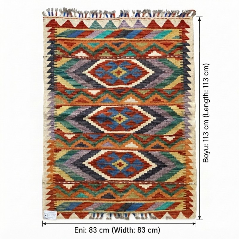 Evinize Sıcak Bir Karşılama: Kök Boya %100 Yün El Dokuma Otantik Kilim (113 x 83 cm)