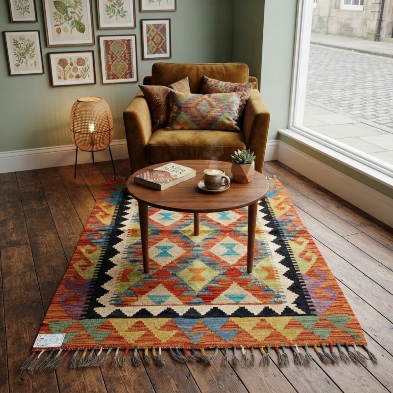 Ruhunu İlmekten Alan Sanat Eseri: Kök Boya %100 Yün El Dokuma Kilim (122 x 88 cm)